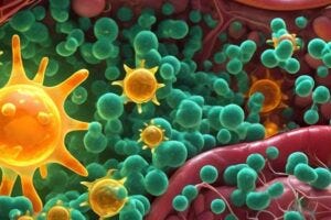 A digital illustration depicting the human gut, with beneficial bacteria (represented by green shapes) flourishing in the presence of vitamin D (represented by yellow sun-like shapes).