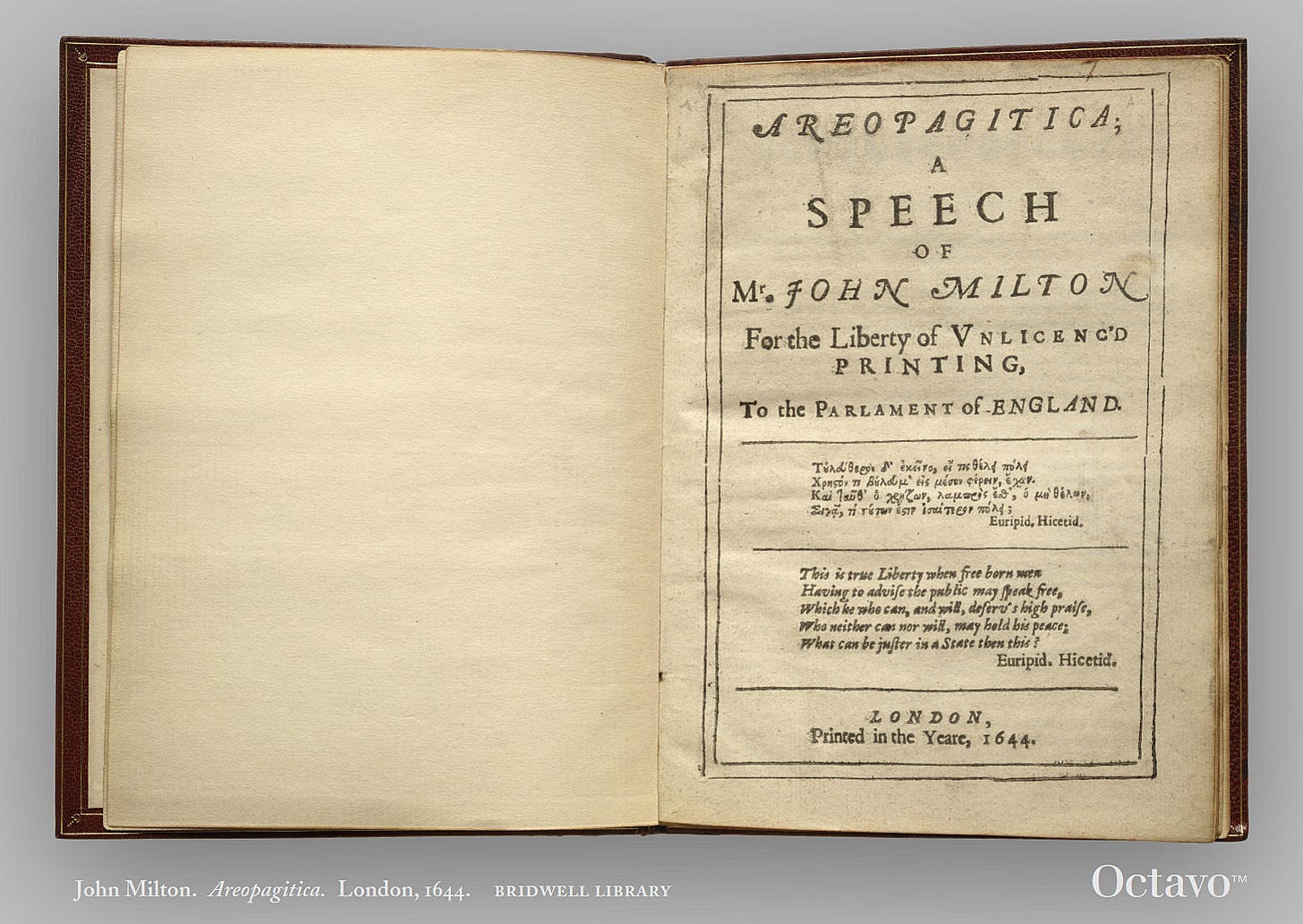 Areopagitica (facsimile of 1644 first edition on CD-ROM) by Milton, John  (introduction by Nicolas Barker) | Other Binding | 1644; 1998 | London  (Oakland: Octavo) | 9781891788093 | Biblio IE