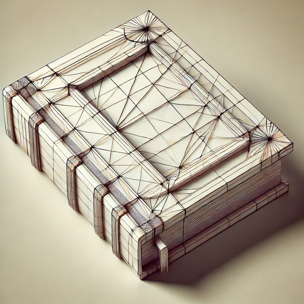 A 3D wireframe minimalist illustration of a cubist-style book lying on its side, closed. The book is depicted with clean, geometric wireframe lines, emphasizing the edges and corners of the cover and spine. The design is abstract yet clearly recognizable as a closed book, with subtle detailing to indicate the pages within. The background is neutral and simple, with soft shadows enhancing the clarity and focus on the book. The overall style is modern, minimalist, and visually striking, perfect for a conceptual design.
