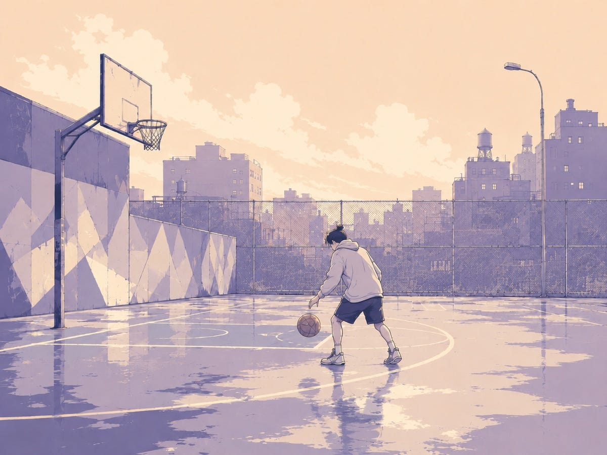 A lone, gender-neutral basketball player dribbles on a wet street court beneath a softly glowing sky, surrounded by a pastel city skyline and chain-link fence. A lone, gender-neutral basketball player dribbles on a wet street court beneath a softly glowing sky, surrounded by a pastel city skyline and chain-link fence.