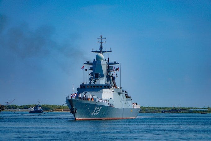 Russian Pacific Fleet vessels dock at Tanjung Priok Port in Jakarta during a naval diplomacy visit to Southeast Asia. Russian Pacific Fleet vessels dock at Tanjung Priok Port in Jakarta during a naval diplomacy visit to Southeast Asia.
