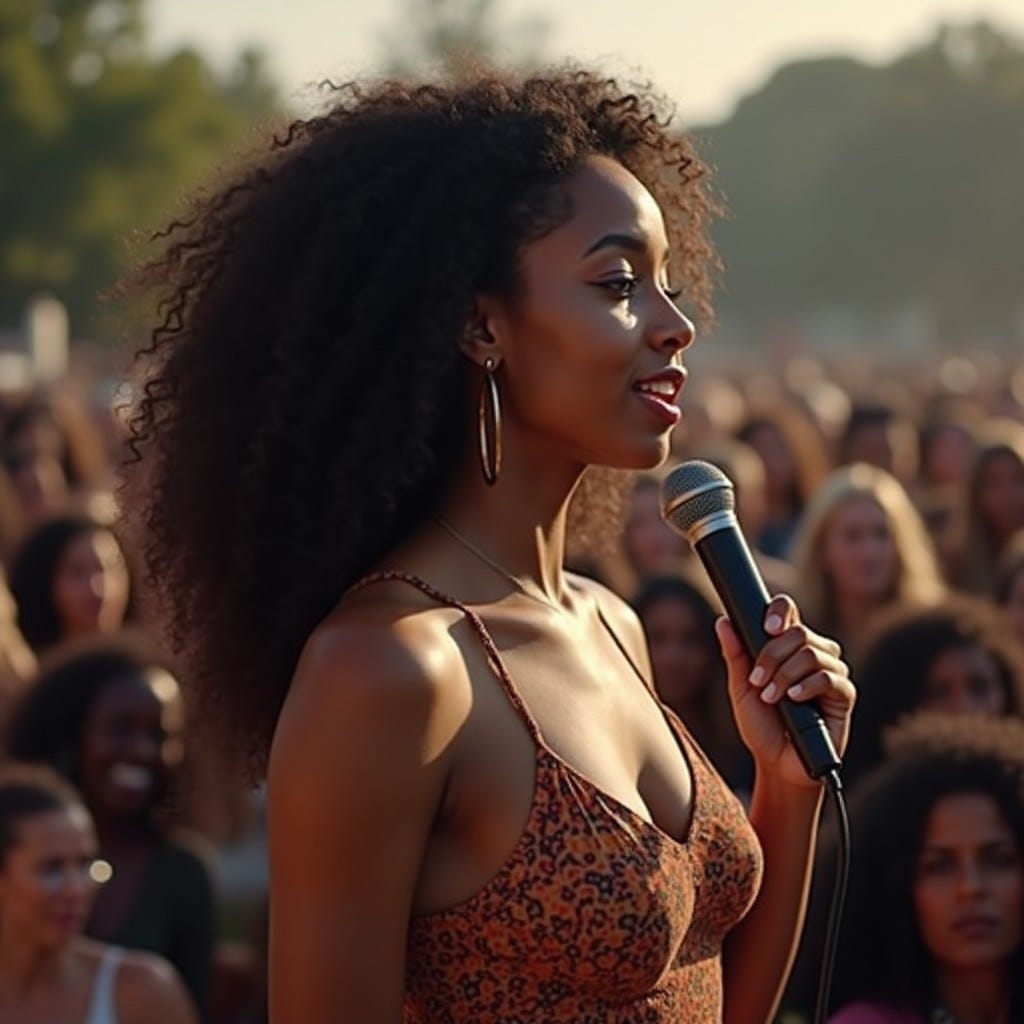 Provide me a realistic image of a light skinned African American woman with long soft big 
curls standing with a microphone  saying her declaration with a crowd of women listening. The crowd is women of all ages and wearing urban wear, hair not wrapped. in the summer time. She is on a platform