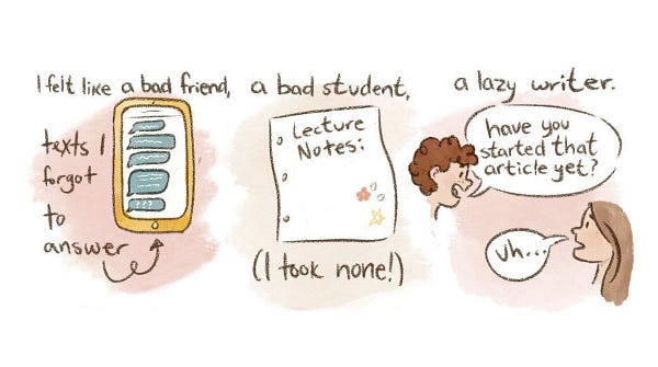 Phone with texts author forgot to answer. Empty lecture notes shown. Text: I felt like a bad friend, a bad student. Image showing
An editor asking if author has started that article yet. Author replying Uh. . Text: I felt like a lazy writer.