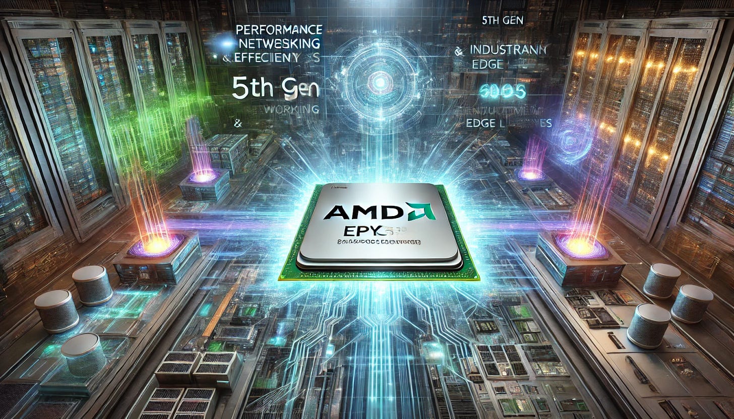 A 16:9 futuristic illustration showcasing AMD’s unveiling of the 5th Gen EPYC Embedded 9005 Series processors. The scene features a glowing AMD-branded processor at the center, radiating power and efficiency with vibrant energy waves. Surrounding it are interconnected networking, storage, and industrial edge devices, symbolizing the broad market applications of the new Zen 5-based CPUs. Holographic overlays highlight performance improvements, efficiency gains, and extended product lifecycles. The background includes a high-tech industrial environment, emphasizing AMD’s push into next-gen embedded computing.