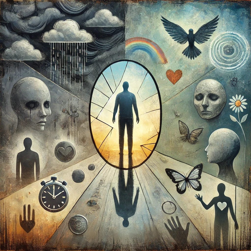 A symbolic image representing Complex PTSD. The artwork features a figure standing in a fragmented mirror, with different pieces reflecting emotions like sadness, anxiety, anger, and confusion. The background transitions from dark, stormy clouds symbolizing trauma to a soft glow of light, representing hope and healing. Surrounding the figure are faint symbols of triggers, such as shattered glass, a stopwatch, and a shadowy figure, alongside positive elements like a glowing heart and an outstretched hand for support. The color palette combines somber tones of gray and blue with subtle highlights of warm yellows and greens for optimism.