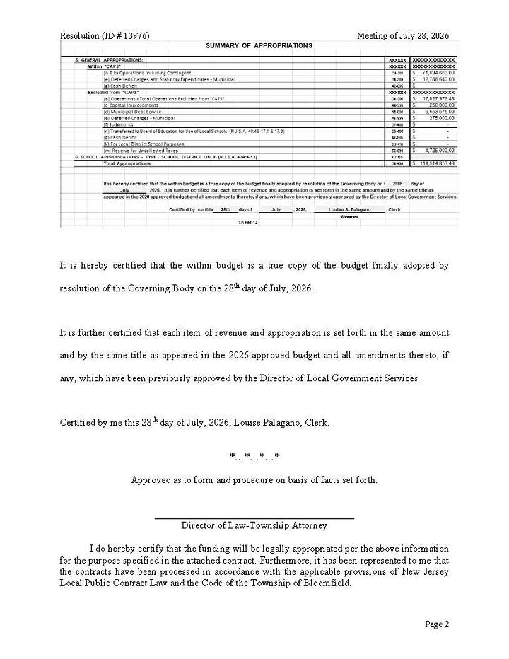 screenshot of the resolution to adopt 2026 budget