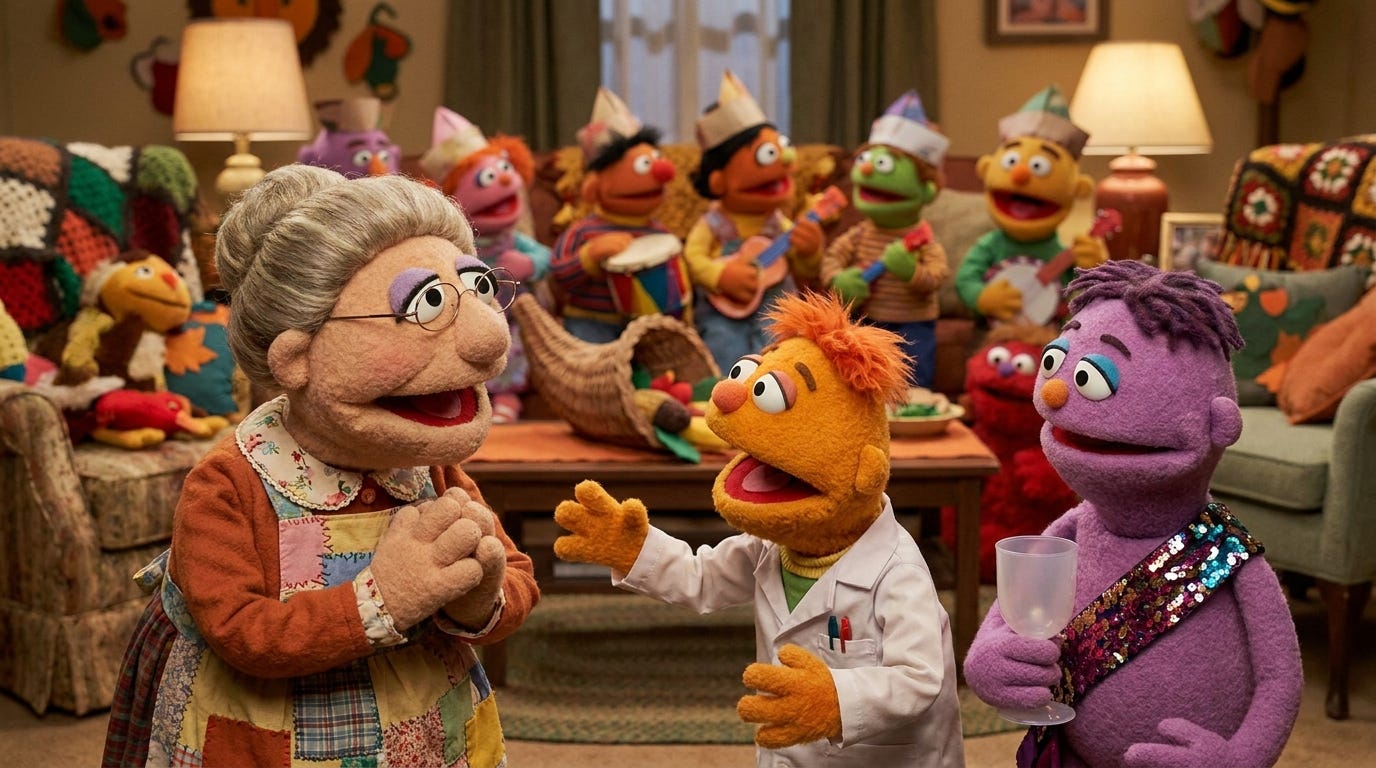 A chaotic Thanksgiving scene at Grandma's house rendered in the vibrant, felt-textured aesthetic of Jim Henson's Muppets, with colorful puppet-like characters filling a cozy living room. In the foreground, a beaming Grandma Muppet with clasped hands and glistening eyes listens to an excited cousin Muppet gesturing enthusiastically about her veterinary internship, while nearby another Muppet cousin grips a glass with a frozen beauty-pageant smile, their expression caught between forced joy and quiet envy. The background swirls with small, rampaging Muppet children in a conga-line-like chaos, all captured with soft, warm lighting and the signature fuzzy textures and exaggerated expressions of classic Muppet design. A chaotic Thanksgiving scene at Grandma's house rendered in the vibrant, felt-textured aesthetic of Jim Henson's Muppets, with colorful puppet-like characters filling a cozy living room. In the foreground, a beaming Grandma Muppet with clasped hands and glistening eyes listens to an excited cousin Muppet gesturing enthusiastically about her veterinary internship, while nearby another Muppet cousin grips a glass with a frozen beauty-pageant smile, their expression caught between forced joy and quiet envy. The background swirls with small, rampaging Muppet children in a conga-line-like chaos, all captured with soft, warm lighting and the signature fuzzy textures and exaggerated expressions of classic Muppet design.