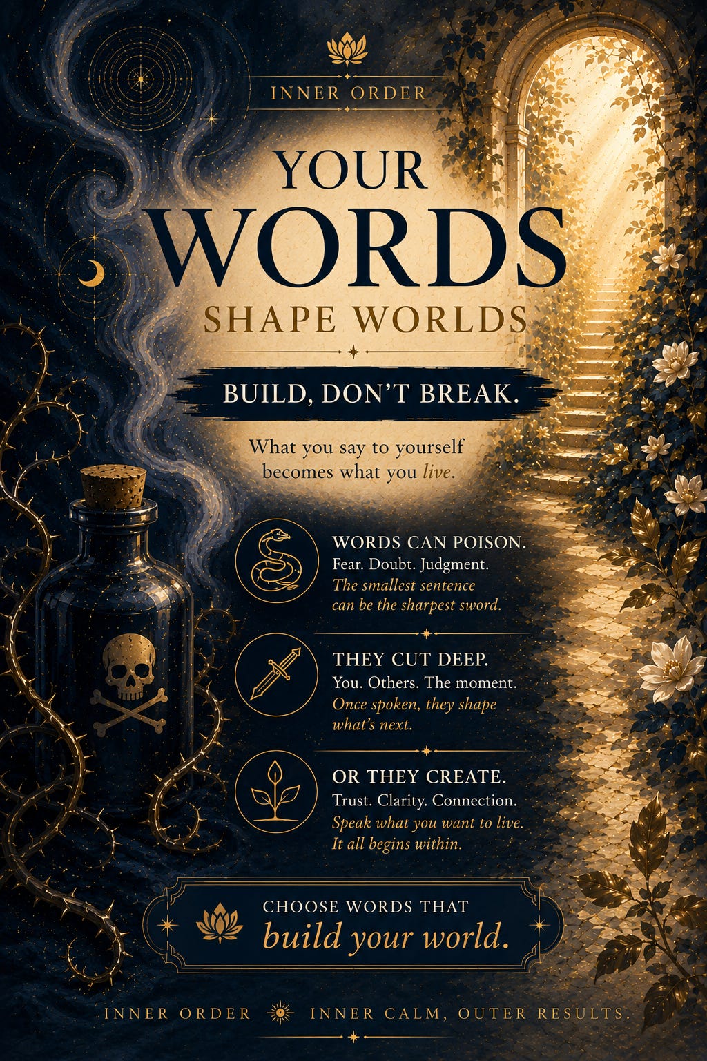 A vertical editorial illustration in deep navy, cream, and gold explores the power of words through symbolic imagery. On the left, swirling celestial patterns, thorny vines, and a dark poison bottle emerge from shadow, while on the right, a radiant garden archway glows with warm light, flowers, and climbing vines. The design contrasts destruction and creation, illustrating how words can either wound or bring life, with elegant typography woven into the mystical, painterly scene.