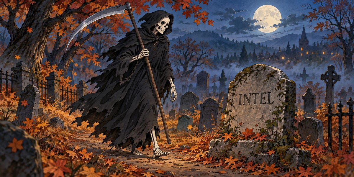 A skeleton carrying a scythe walks past an Intel headstone in an autumn graveyard.