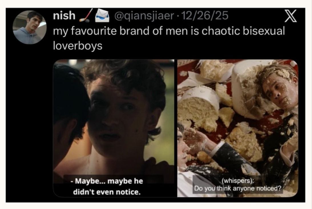 tweet: "my favourite brand of men is chaotic bisexual loverboys" with photos of ilya rozanov and alex claremont-diaz