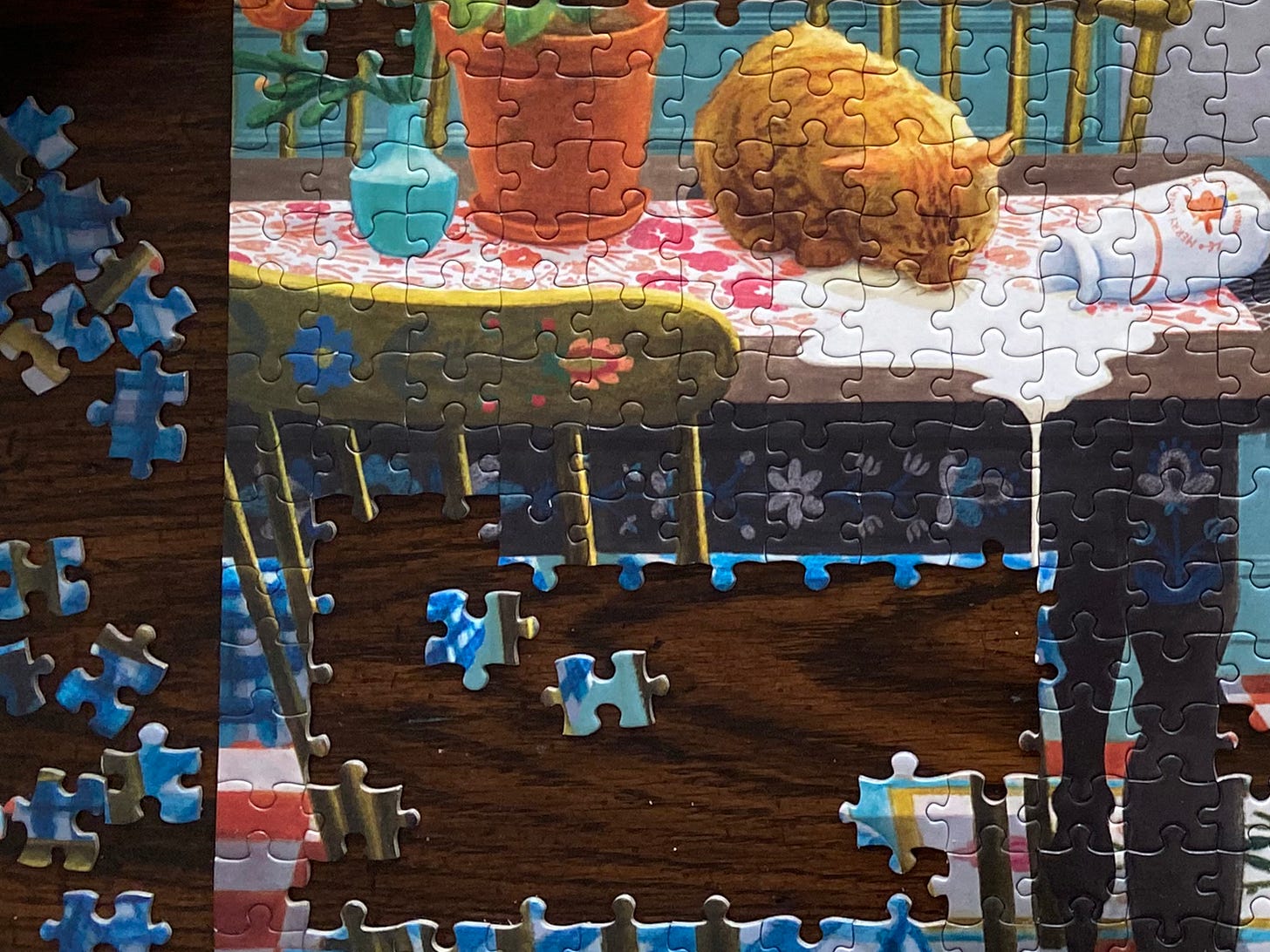 a puzzle mostly assembled but with a big gap