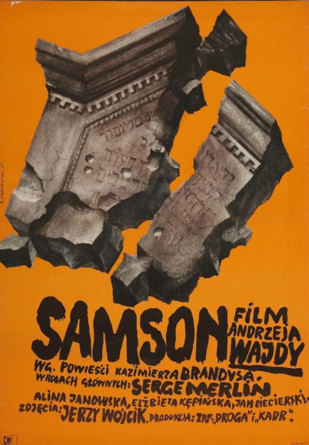 Franciszek Starowieyski's poster for 'Samson' (1961), with a Jewish gravestone (identifiable by the Hebrew lettering) cracked asunder on an orange background, with the film's title and credits crudely daubed underneath in black paint.