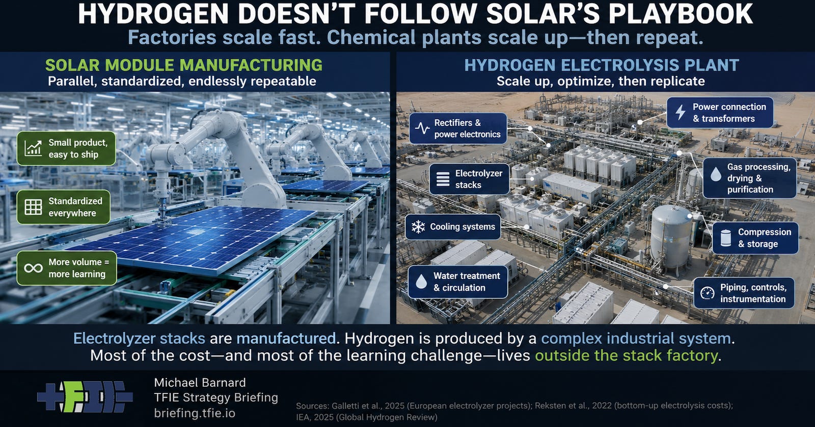 Split-screen editorial graphic comparing automated solar-module manufacturing on the left with a complex hydrogen electrolysis plant on the right. The hydrogen side identifies electrolyzer stacks, power electronics, transformers, cooling, water treatment, gas processing, compression, storage, piping and controls.
