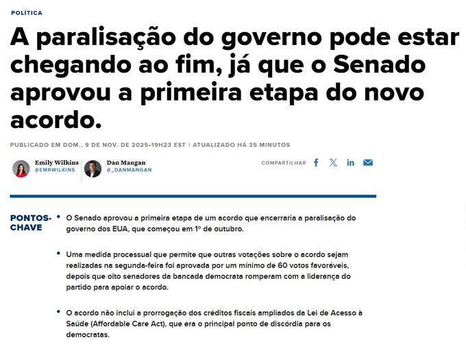 Screenshot of a news article webpage with headline in Portuguese about the US government shutdown potentially ending as the Senate approved the first stage of a new budget, including bylines from Emily Miller and Dan Maguire, timestamp from November 23 at 18h, and bullet points detailing the approval of a budget stage to avoid paralysis, allowing votes without obstruction, reinforcing minimum budget with 60 votes, and addressing fiscal credits, jobs, access, and the Affordable Care Act as the main discord point.