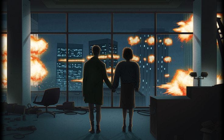 This may contain: two people standing in front of a window with fire coming out of the windows at night This may contain: two people standing in front of a window with fire coming out of the windows at night