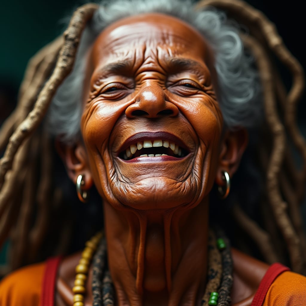 This image presents an elderly Jamaican woman in close portrait, her face lifted in open laughter, lines and contours revealing a life fully inhabited. Warm, directional light accentuates skin texture and expression, while the background recedes into darkness, allowing emotion to define the spatial focus. Beads, fabric, and hair frame the face without distraction, reinforcing human presence as the primary structure. The scene reads as expansive and unguarded, where joy itself becomes the organising form.