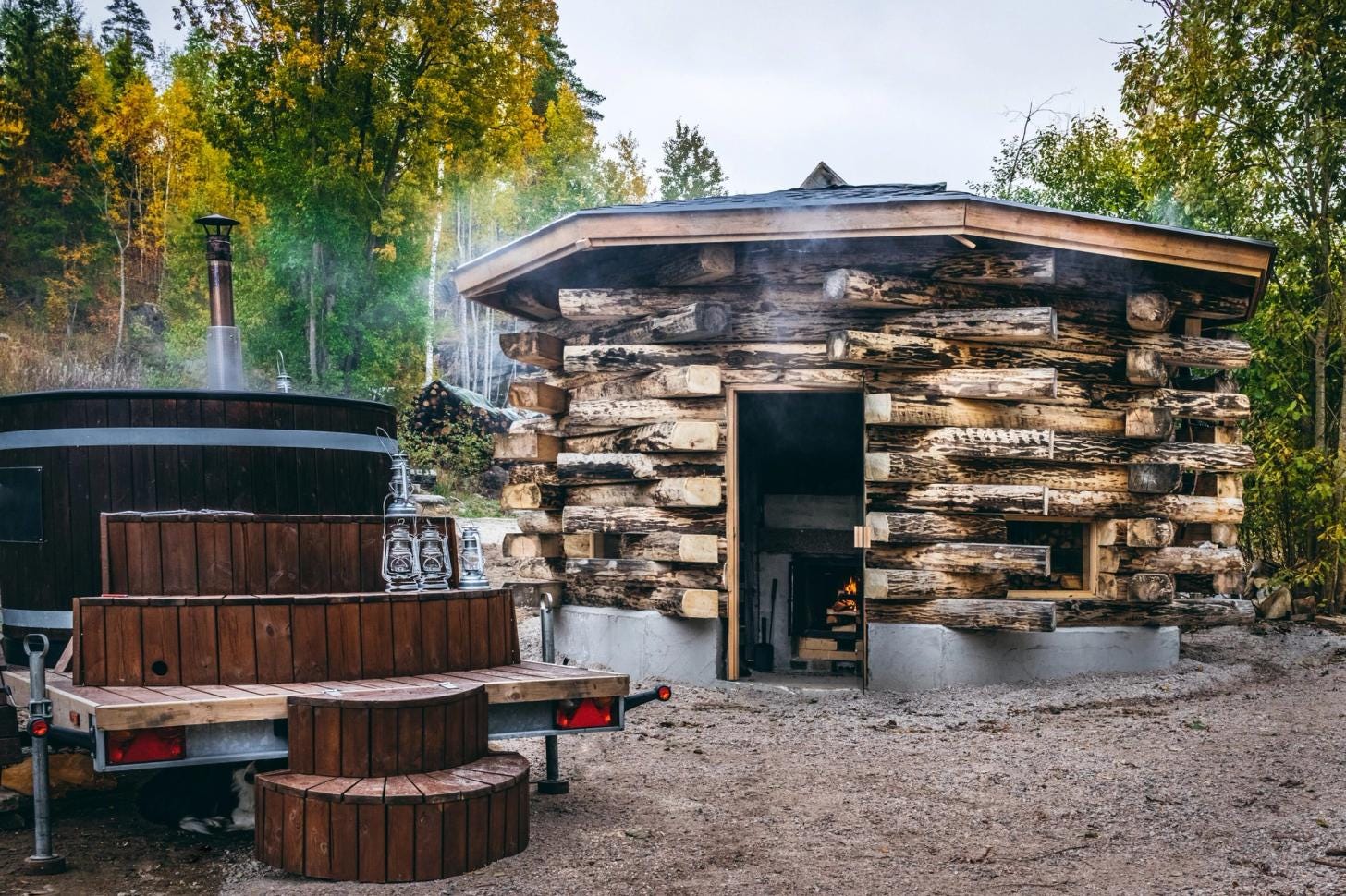 Traditional Finnish smoke sauna surrounded by forest. Traditional Finnish smoke sauna surrounded by forest.