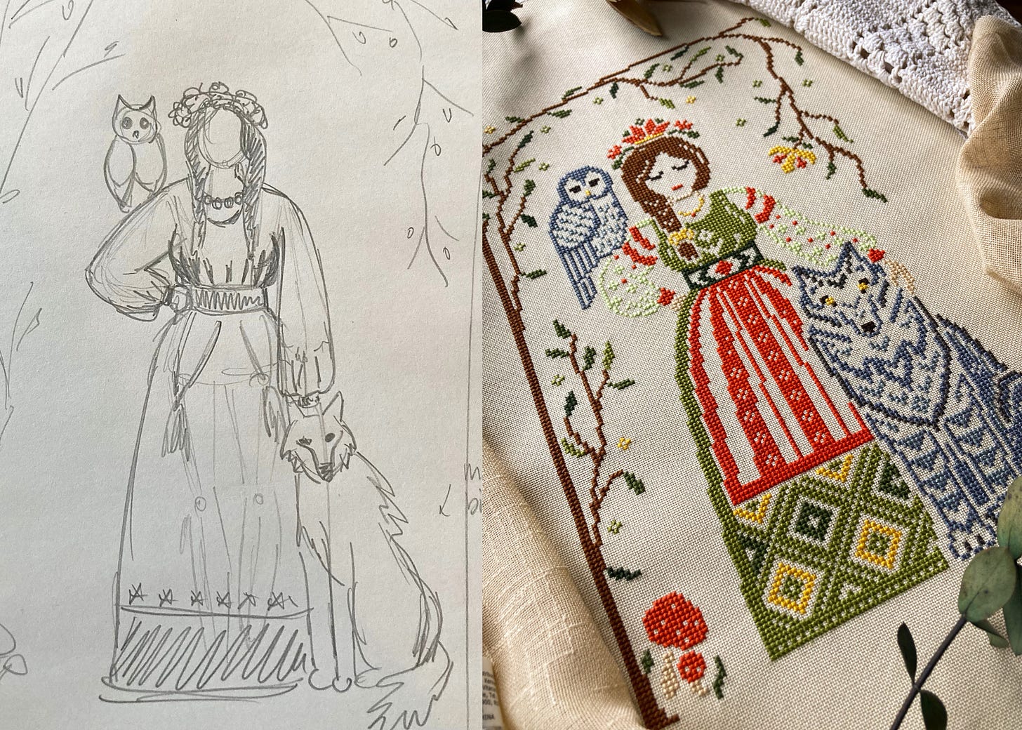 A side by side comparison of Maria's drawing to pattern. The left is a pencil drawing of a woman, wearing a full dress and a flower crown.  An owl is perched upon her shoulder and a wolf sits at her feet. The right depicts a colorful cross stitch version of the woman with incredible detail and patterns incorporated into all the elements.