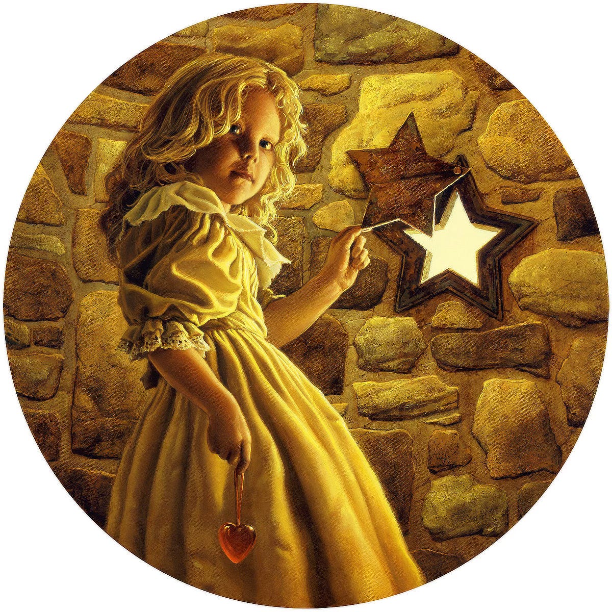 A young girl in a fancy dress with puffy sleeves and lace trim stands in front of a wall built of irregular-shaped stone. Thickly framed, a portal in the shape of a five-pointed star is set in the stone. By one point of the star, she swings open the plate that usually covers the view out. With a knowing glance, she turns brown eyes back to the viewer. At her side, held in her other hand, a red glass heart dangles from the tip of her index finger by a looped ribbon. A young girl in a fancy dress with puffy sleeves and lace trim stands in front of a wall built of irregular-shaped stone. Thickly framed, a portal in the shape of a five-pointed star is set in the stone. By one point of the star, she swings open the plate that usually covers the view out. With a knowing glance, she turns brown eyes back to the viewer. At her side, held in her other hand, a red glass heart dangles from the tip of her index finger by a looped ribbon.