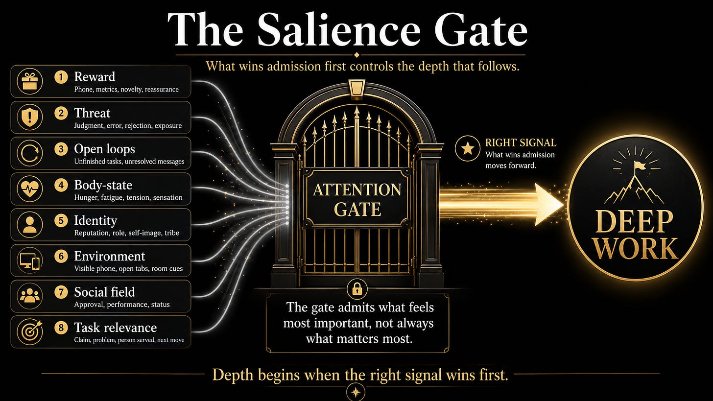 Landscape infographic showing an attention gate. Competing signals such as reward, threat, open loops, body-state, identity, environment, social field, and task relevance approach the gate. The right signal passes through toward deep work, illustrating that attention is shaped by salience rather than willpower alone. Landscape infographic showing an attention gate. Competing signals such as reward, threat, open loops, body-state, identity, environment, social field, and task relevance approach the gate. The right signal passes through toward deep work, illustrating that attention is shaped by salience rather than willpower alone.