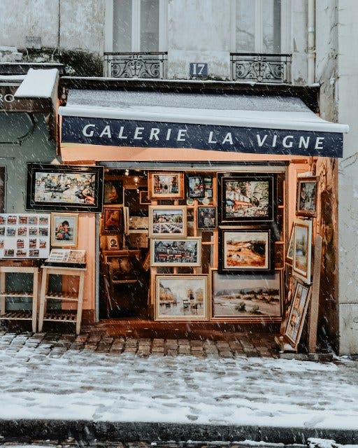 May be an image of Sacré-Cœur, newsstand and text that says '17 GALERIE LA VIGNE'