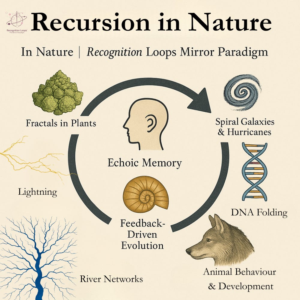 Illustrated diagram titled “Recursion in Nature” showing recursive processes across biological, physical, and perceptual systems. At the centre is a human head labelled “Echoic Memory”, representing short-term perceptual feedback that maintains continuity of experience. Surrounding the centre is a circular arrow indicating recursive re-entry and feedback. Around the loop are examples of recursion in nature and life: fractals in plants, river networks, lightning, spiral galaxies and hurricanes, DNA folding, animal behaviour and development, and feedback-driven evolution. The diagram visually connects natural patterns, biological regulation, learning, and perception through a shared recursive structure, illustrating how continuity and coherence emerge through feedback and re-entry rather than linear progression. Illustrated diagram titled “Recursion in Nature” showing recursive processes across biological, physical, and perceptual systems. At the centre is a human head labelled “Echoic Memory”, representing short-term perceptual feedback that maintains continuity of experience. Surrounding the centre is a circular arrow indicating recursive re-entry and feedback. Around the loop are examples of recursion in nature and life: fractals in plants, river networks, lightning, spiral galaxies and hurricanes, DNA folding, animal behaviour and development, and feedback-driven evolution. The diagram visually connects natural patterns, biological regulation, learning, and perception through a shared recursive structure, illustrating how continuity and coherence emerge through feedback and re-entry rather than linear progression.
