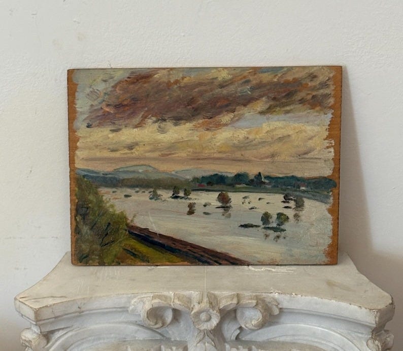 Small 20th Century French Landscape / Small Original Oil Painting / Rustic Cottage Wall Art / Gift Idea / French Cottage Core image 1