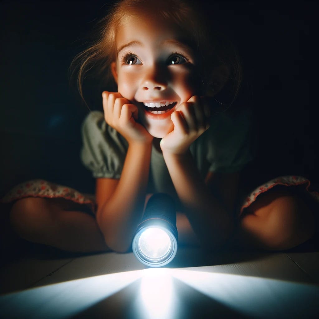 Create an image of a young girl sitting in a dark room, the scene illuminated by a flashlight she holds under her face. The light casts dramatic shadows around her, highlighting her features with a mysterious glow. Despite the darkness, her expression is one of pure joy and excitement, her eyes sparkling with happiness. She could be in the midst of telling a story, playing a game, or simply reveling in the magic of the moment. The image should capture the whimsical and joyful spirit of childhood, emphasizing the contrast between the surrounding darkness and her bright, happy demeanor.