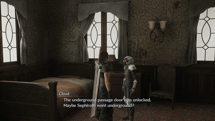 Cloud and Zack rest at the inn before running over to the Shinra manor to look for Sephiroth (Crisis Core)
