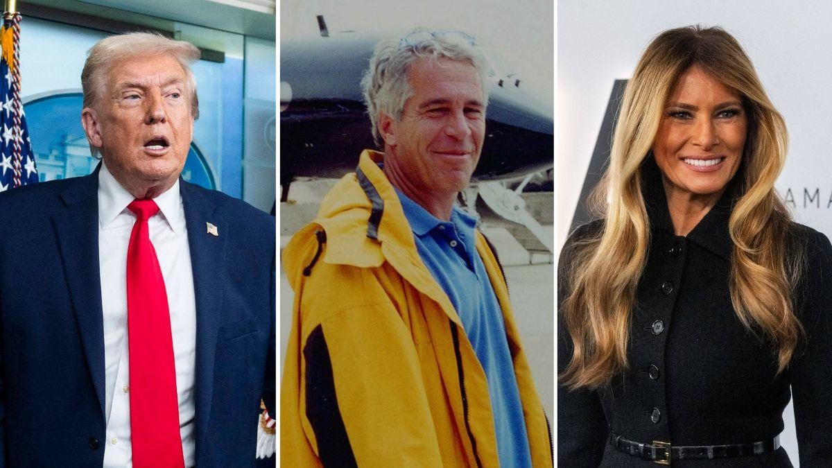 split image of Donald Trump / Jeffrey Epstein / Melania Trump