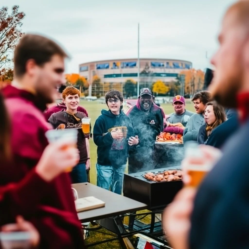 Tailgating at college football game in fall weather with people drinking beer and smoking meats