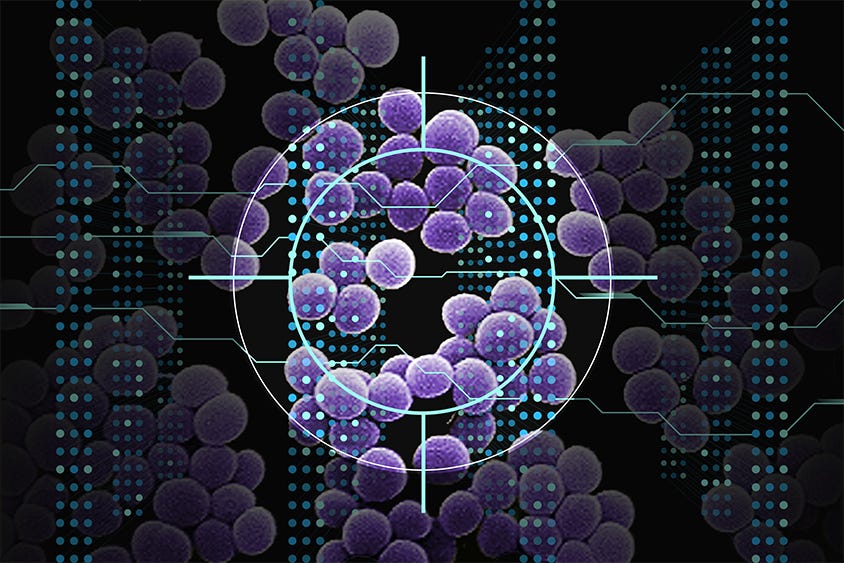 MRSA bacteria, resembling purple cotton balls, overlayed with a deep learning network and a bullseye.