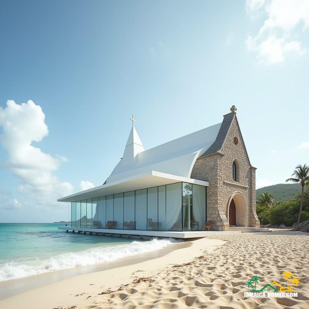 A striking fusion of old and new, this modern church in white and glass is seamlessly joined to a historic medieval church, located on a picturesque Jamaican beach. The modern church is an architectural marvel, with its sleek white walls and transparent glass panels that reflect the beauty of the Caribbean Sea and sky. Its clean, minimalist design contrasts beautifully with the medieval church's stone façade, which stands as a testament to centuries of history and tradition. The two structures are connected through a flowing, glass-enclosed corridor that allows light to pour in from all angles, creating an ethereal, open space. The modern church’s roofline curves gracefully, evoking the motion of the ocean waves just beyond, while the medieval church retains its ancient arches, thick stone walls, and intricate stained glass windows. Together, they form a unique and harmonious blend of eras, situated on the golden sands of the beach, where the calming sounds of the ocean blend with the sacred silence of the church. This stunning juxtaposition captures the essence of Jamaica, where tradition meets innovation, and the past and present exist in peaceful coexistence.