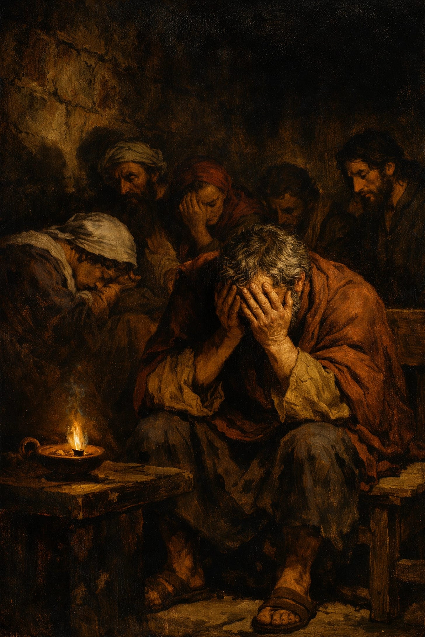 Disciples grieving in a dim stone room on Holy Saturday, illustrating the psychological weight of divine silence.