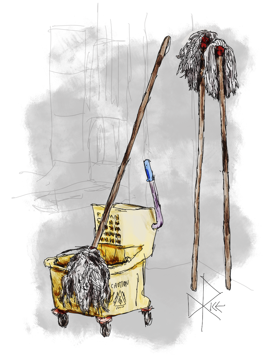 A set of bedraggled coiled cotton string mops and their bucket are stored at the ready in a factory. Sketch art by Don Rice. A set of bedraggled coiled cotton string mops and their bucket are stored at the ready in a factory. Sketch art by Don Rice.