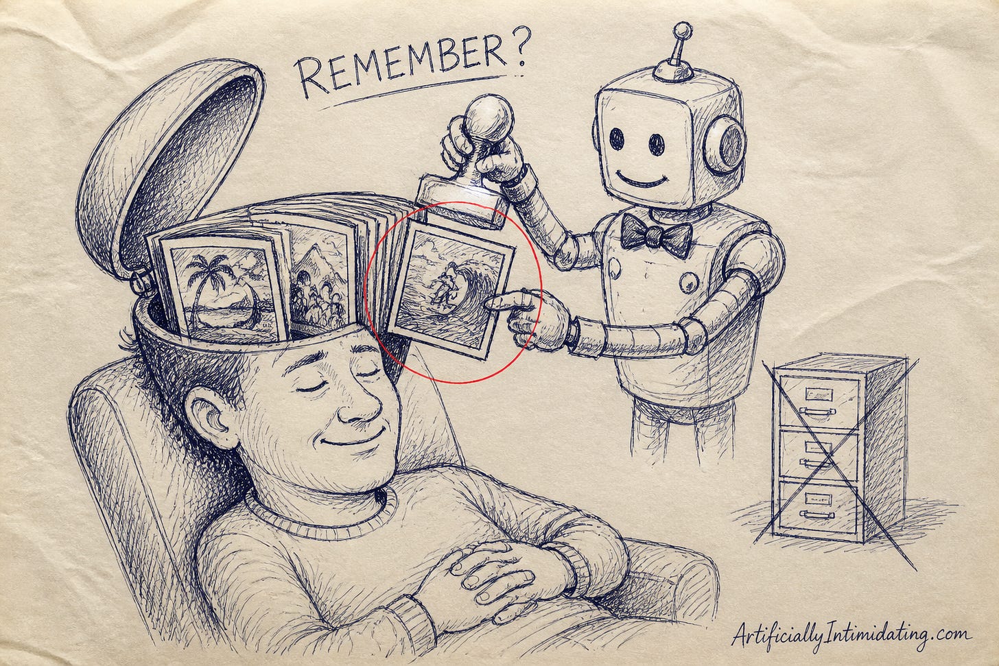 A relaxed person in a chair with the top of their head open like a photo album while a smiling robot librarian in a bow tie stamps an extra photo into it. A label reads REMEMBER?