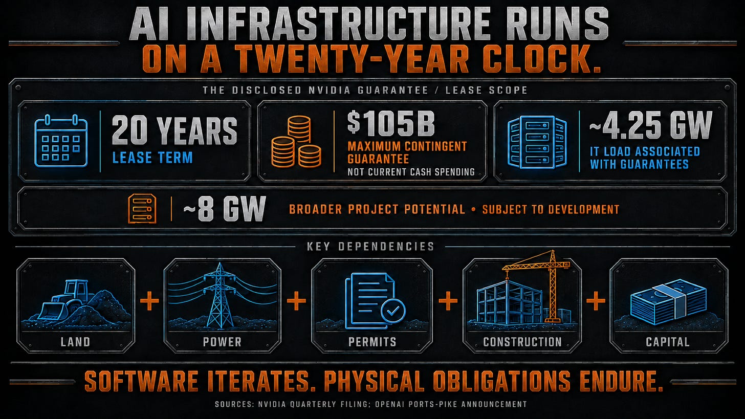 Twenty-year leases and a maximum 105-billion-dollar contingent guarantee accompany roughly 4.25 gigawatts in scope; the broader project could support about 8 gigawatts, subject to development conditions. Twenty-year leases and a maximum 105-billion-dollar contingent guarantee accompany roughly 4.25 gigawatts in scope; the broader project could support about 8 gigawatts, subject to development conditions.
