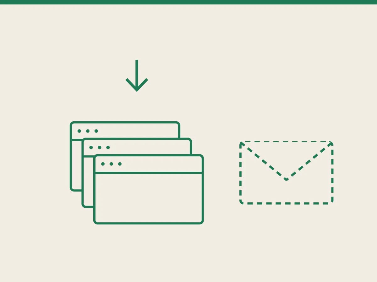 Three stacked cards with a download arrow above them, next to a dashed outline of an envelope Three stacked cards with a download arrow above them, next to a dashed outline of an envelope