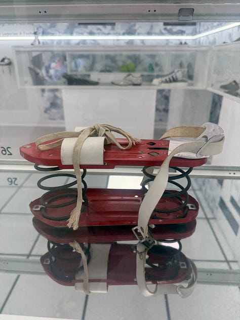 From left: One of Jonathan Anderson's designs for Loewe, a nod to Schiaparelli's lucite shoe from 1930; a shoe made from Jan Ernst Matzeliger's invention that revolutionalized the footwear industry in the late 1800s; the RAPCO Satellite Spring Shoes, also known as "moon shoes" that were patented in 1968.