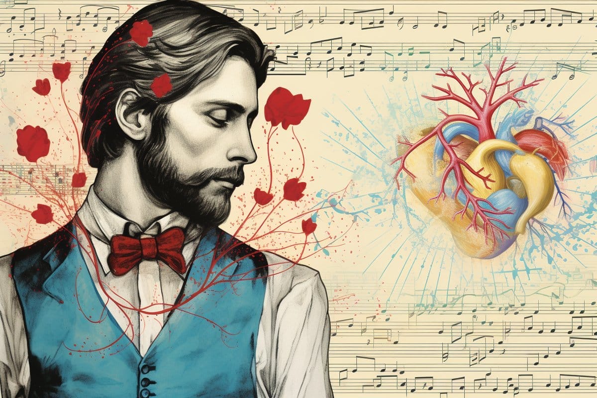 This shows a man, a heart, and sheet music. This shows a man, a heart, and sheet music.