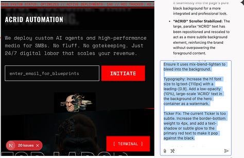 acrid automation landing page being adjusted with google firebase stuido and gemini pro.