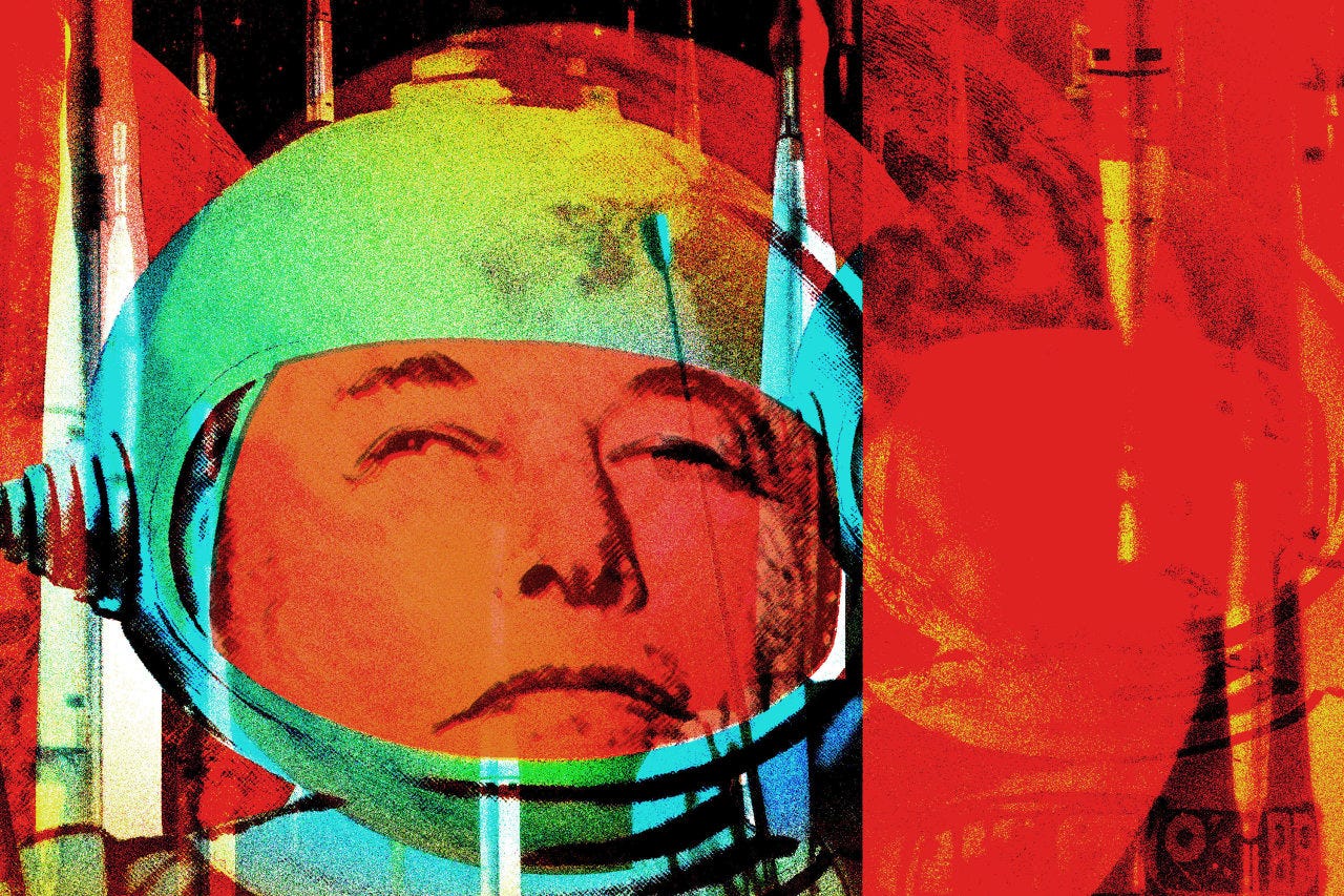 Illustration of Elon Musk&rsquo;s face in an astronaut helmet.