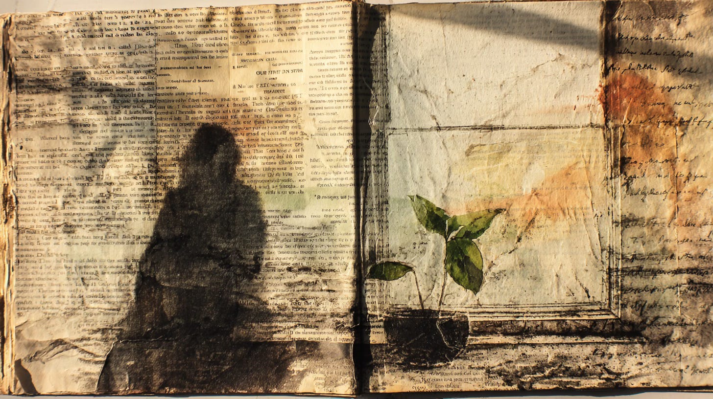 Collage of shadow, text. window and plants.