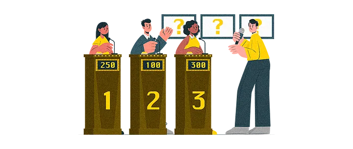 Ilustração de três participantes em um jogo de quiz e um apresentador
