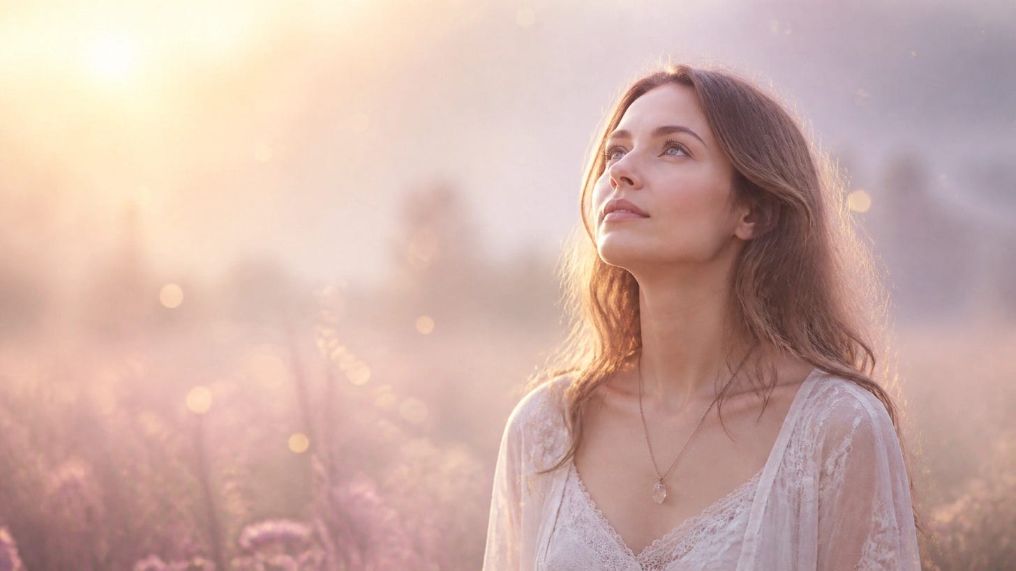 A woman standing in a misty golden field at dawn, representing the clarity of a first intuitive hit. A woman standing in a misty golden field at dawn, representing the clarity of a first intuitive hit.