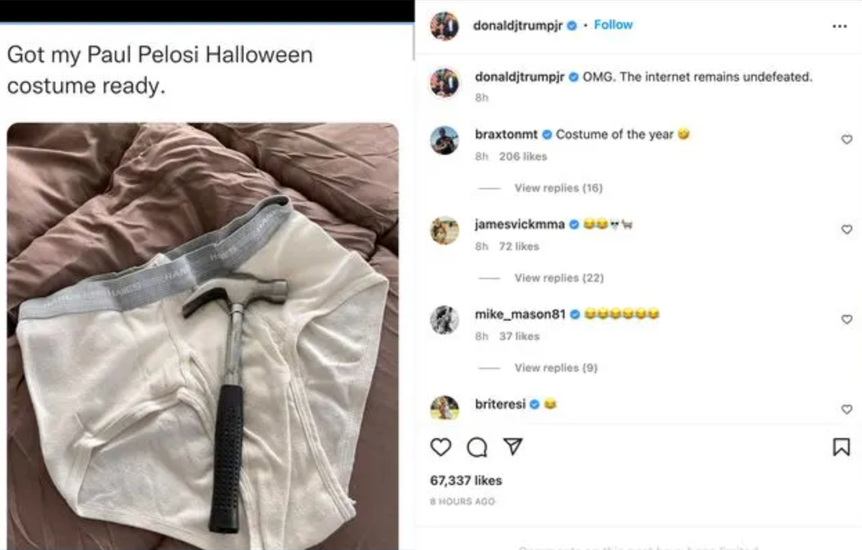 Screenshot of a now-deleted social share by Donald Trump Jr featuring a pair of briefs and a hammer, reading "Got my Paul Pelosi Halloween costume ready." along with comments from followers.