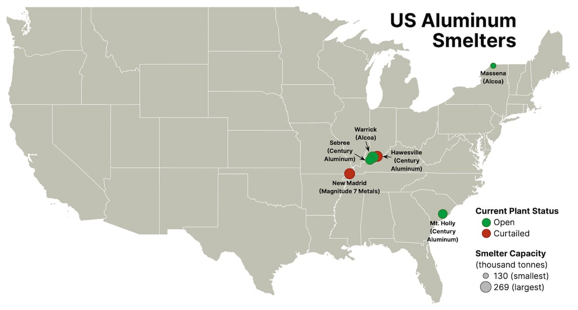 A map of operating and curtailed aluminum smelters in the US