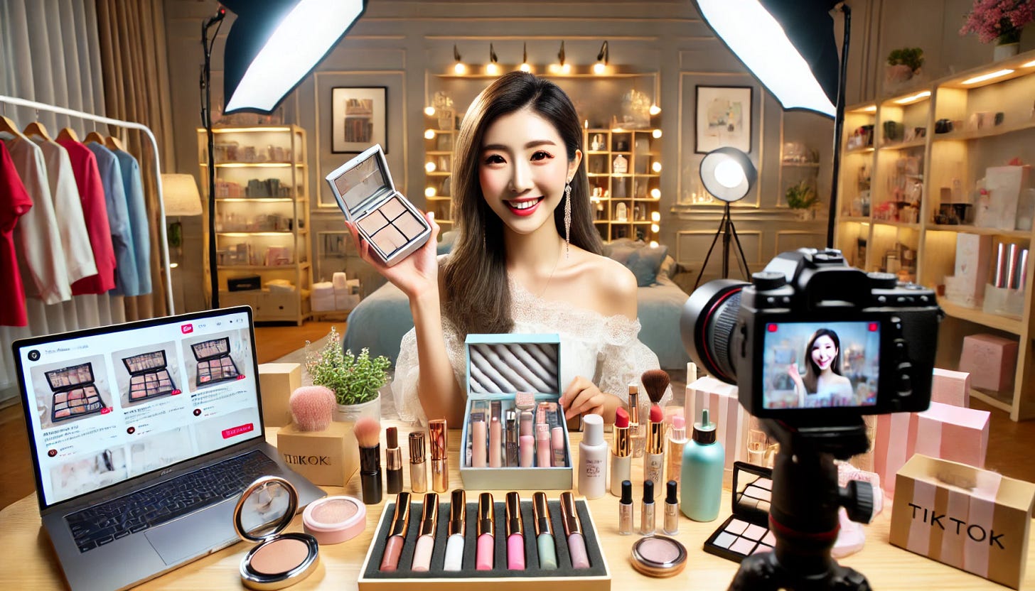 A wide aspect ratio, real-life-like image showing a female Chinese influencer live-streaming and selling beauty products on TikTok. The influencer is seen in the foreground, speaking enthusiastically into a camera while holding up various beauty products like makeup and skincare items. The backdrop features a well-lit room with a stylish setup, including shelves displaying the beauty products, a computer screen showing live-stream comments, and professional lighting equipment. The overall atmosphere is energetic and engaging, capturing the modern trend of live-stream commerce in China on TikTok.