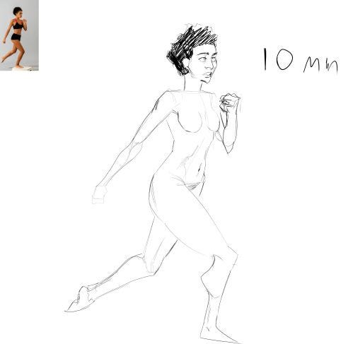 Pencil sketch of a nude female figure running with arms and legs extended dynamically legs bent at knees feet positioned as if striding forward torso slightly turned showing breasts and hips in profile short curly hair on head small inset image of a clothed woman in athletic wear running and text 10mm indicating scale