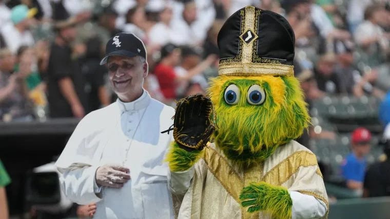 Southpaw the White Sox mascot in a papal mitre and vestments Southpaw the White Sox mascot in a papal mitre and vestments